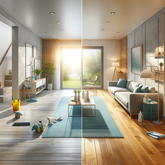 Post-construction cleaning crew meticulously clears dust and debris from a newly finished interior, ensuring the space is spotless and move-in ready.